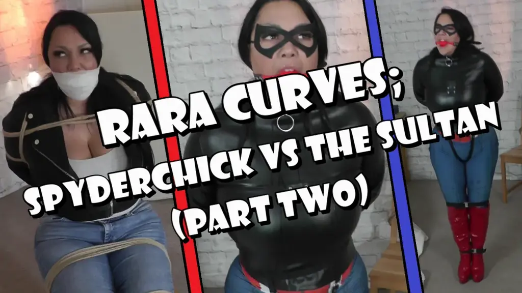 Rara Curves: Spyderchick vs The Sultan (Part Two) Ace reporter Penelope Parker, having been lured into a trap by evil supervillain the Sultan of Shibari, is still bravely struggling against the tight bondage that holds her.<br><br>Well gagged and chair-tied, the beautiful brunette is quickly running out of time as she knows her cruel captor will grow increasingly impatient as he awaits the arrival of SpyderChick, believing the costumed crimefighter will come to Penelope's aid.<br><br>But what the Sultan doesn't realise is that Penelope Parker and SpyderChick are one and the same... so if the sexy reporter cannot free herself it will almost certainly be curtains for the helpless heroine.<br><br>Finally, after a desperate struggle, Penelope eventually frees one of her hands and quickly sets to work untying the other, then removing the tight gag around her mouth.<br><br>A short while later, the gorgeous thicc busty journalist returns dressed in her familiar superheroine attire as SpyderChick, complete with mask, catsuit and red leather thigh high boots.<br><br>Carefully making her way around the room, SpyderChick is sure to be very wary of any trap the Sultan might have laid out for her but suddenly, she is surprised by the supervillain himself as he steps out of the shadows and confronts her.<br><br>Straight away the delectable do-gooder suspects something is amiss when the vile villain challenges the sexy superheroine to take him on!<br><br>She knows that the Sultan knows he isn't capable of beating her in a fair fight so instantly SpyderChick is hesitant to tackle him.<br><br>But if it's a fight he wants then it's a fight he's going to get as the masked avenger steps forward to confront him.<br><br>Alas, SpyderChick doesn't notice the pressure pad on the ground in front of her and the second she steps on it then huge bolts of electricity surge out of a device above the head and envelopes her entire body, freezing her to the spot.<br><br>The Sultan laughs cruelly and informs the stricken superhero that she is caught in his latest devious invention, a devastating energy neutraliser ray that renders anyone that steps into it completely powerless.<br><br>Unable to move as she is trapped in the ultrasonic beam of white light, SpyderChick cannot help but panic as she wonders what evil deeds the Sultan has up his sleeve for her next...<br><br>Sometime later, the captured crimefighter awakens to find herself restrained into a black leather straitjacket, utterly helpless and left bound with her booted legs lashed together with straps around her ankles and knees.<br><br>Eventually managing to get up onto her feet, SpyderChick hops around hoping to find a way out but it is impossible. Sealed inside the room and with all four limbs strapped down, the defeated do-gooder cannot do a thing to escape.<br><br>Is this the Sultan's evil scheme for the superheroine, to keep her as his helpless captive or does he have another even more devious and depraved plan in store for her?