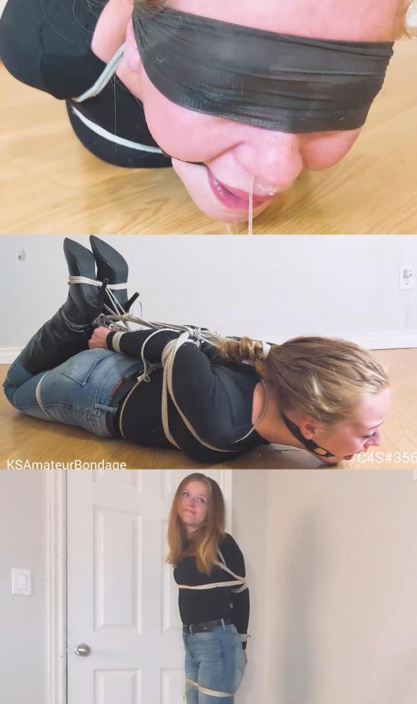 She was cocky until the ropes went on 金接受了同事的逃脱挑战<br><br>她走进房间时，他已经在拍摄了<br><br>她穿着黑色皮质高跟靴<br><br>牛仔裤和一件紧身黑色上衣<br><br>他先将她的手腕反绑在背后，并将她的手肘紧紧地绑在一起。<br><br>他又给她戴上了一个胸部束缚带<br><br>金开始抗议绳子绑得太紧，但他毫不在意<br><br>他接着绑她的腿<br><br>他绑住了她的大腿、膝盖（弯腰上方和下方）和脚踝<br><br>他把她放到地上，并把她捆成一个非常紧的猪蹄状。更糟糕的是，他还把她的头发绑到了脚上<br><br>他给她戴上了一个口塞，导致她在视频中不停地流口水<br><br>他设定了10分钟的计时器，让她挣扎和流口水。<br><br>在她失败后，他蒙住她的眼睛，拍打她的屁股，挠她的痒<br><br>无助感开始让她崩溃，她哭喊着，惊慌失措Kim took up a coworkers escape challenge<br><br>She enters the room with him already filming<br><br>She's wearing black leather high heeled boots<br><br>Jeans and a tight black top<br><br>He starts by tying her wrists behind her back and her elbows tightly together.<br><br>Her adds a chest harness<br><br>Kim starts protesting the tightness of the ropes but he doesn't care<br><br>He moves on to her legs<br><br>He ties her thighs, knees above and below the bend and her ankles<br><br>He moves her down to the floor and places her in a very tight hogtie. To make matter worse he ties her hair to her feet as well<br><br>He adds a ballgag causing her to drool Alot during this video<br><br>He sets 10 min on the timer and lets her struggle and drool.<br><br>After she fails he blindfolds and spanks and tickles her<br><br>The helplessness begins to overwhelm her and she cries and freaks out