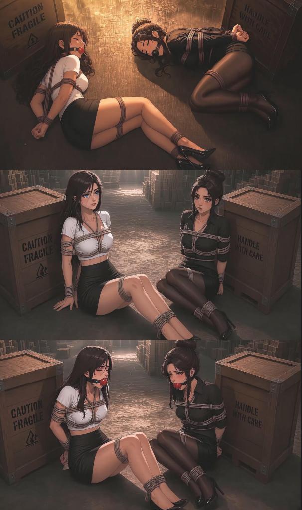 They Investigated Bound by a Friend 两个好奇的女孩决定调查她们的朋友约翰。她们觉得他有点不对劲……于是跟踪他来到一个废弃的仓库。<br><br>真是个糟糕的主意。<br><br>约翰抓住了她们。<br><br>他没有大喊大叫，也没有解释。<br><br>他只是把她们绑了起来，然后就走了，自己去完成他来这里的目的。<br><br>原本只是简单的审问，却变成了漫长而无助的等待。<br><br>场景概述：<br><br>• 第一个女孩已经被绑在一个标有“小心轻放”的木箱上。她的双臂被紧紧地绑在背后，胸前的绳子勒紧了她的黑色衬衫，脚踝也被绑住，双腿伸直地躺在冰冷的混凝土地面上。她只能眼睁睁地看着，等待着。<br><br>• 很快，第二个女孩也加入了她们。现在，两个女孩并排被绑在两个木箱之间。一个穿着紧身的白色露脐上衣，另一个穿着黑色衬衫和丝袜。绳子缠绕着她们的胸部、手臂和大腿。他们交换了担忧的眼神……但却无处可去。Two curious girls decide to investigate their friend John. Something about him feels off… so they follow him to an abandoned warehouse.<br><br>Bad idea.<br><br>John catches them.<br><br>He doesn’t yell. He doesn’t explain.<br><br>He simply ties them up and leaves them there while he finishes whatever he came to do.<br><br>What starts as a simple interrogation turns into a long, helpless wait.<br><br>Scene breakdown :<br><br>• The first girl is already secured against a wooden crate marked “HANDLE WITH CARE”. Arms bound tight behind her back, chest ropes cinching her black blouse, ankles tied, legs stretched out on the cold concrete floor. She can only watch and wait.<br><br>• Soon the second girl joins her. Both are now thoroughly bound side by side between two crates. One in a tight white crop top, the other in a black shirt and stockings. Rope wraps around their chests, arms, and thighs. They exchange worried glances… but there’s nowhere to go.