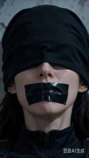 女特工被绑架挣扎3 一个身穿黑色特工制服的女特工在执行任务时被几个杀手用麻醉枪击晕，之后被杀手按到地上双手背后捆绑后头套蒙眼，之后黑胶带封嘴，女特工呜呜的叫着