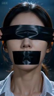 白色正装黑丝袜美女被绑架挣扎 一个身穿白色正装衬衣黑色紧身包裙黑色连裤丝袜高跟鞋/平底单鞋美女执行任务时被女杀手打晕后手脚背后捆绑，十字架捆绑，并且黑/银胶带封嘴黑布蒙眼，之后女杀手看了一眼满意的离开了，美女呜呜的叫着，绳子与美女的结合凸显美女曼妙的身资和S型身体曲线