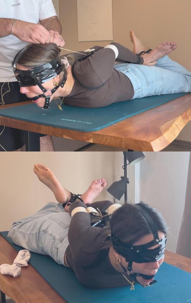 Drooling in strict hogtie - crossed feet 三根绳子和一条皮带足以让我动弹不得。我的手肘被皮带紧紧地绑在一起，双脚交叉。起初，我穿着脏兮兮的白色运动鞋袜；后来他把它们脱了下来，露出了我柔软的大脚底。我的嘴被束缚带堵住，头被牢牢地向后拉。视频里我口水直流，面前形成了一小滩口水。Three ropes and one strap are enough to render me immobile. My elbows are held close together with a strap, and my feet are crossed. At first, I’m wearing my dirty white sneaker socks; he takes them off later, revealing the large, soft soles of my feet. Gagged with my harness gag, my head is pulled firmly back. I drool profusely in this video; a small puddle forms in front of me.