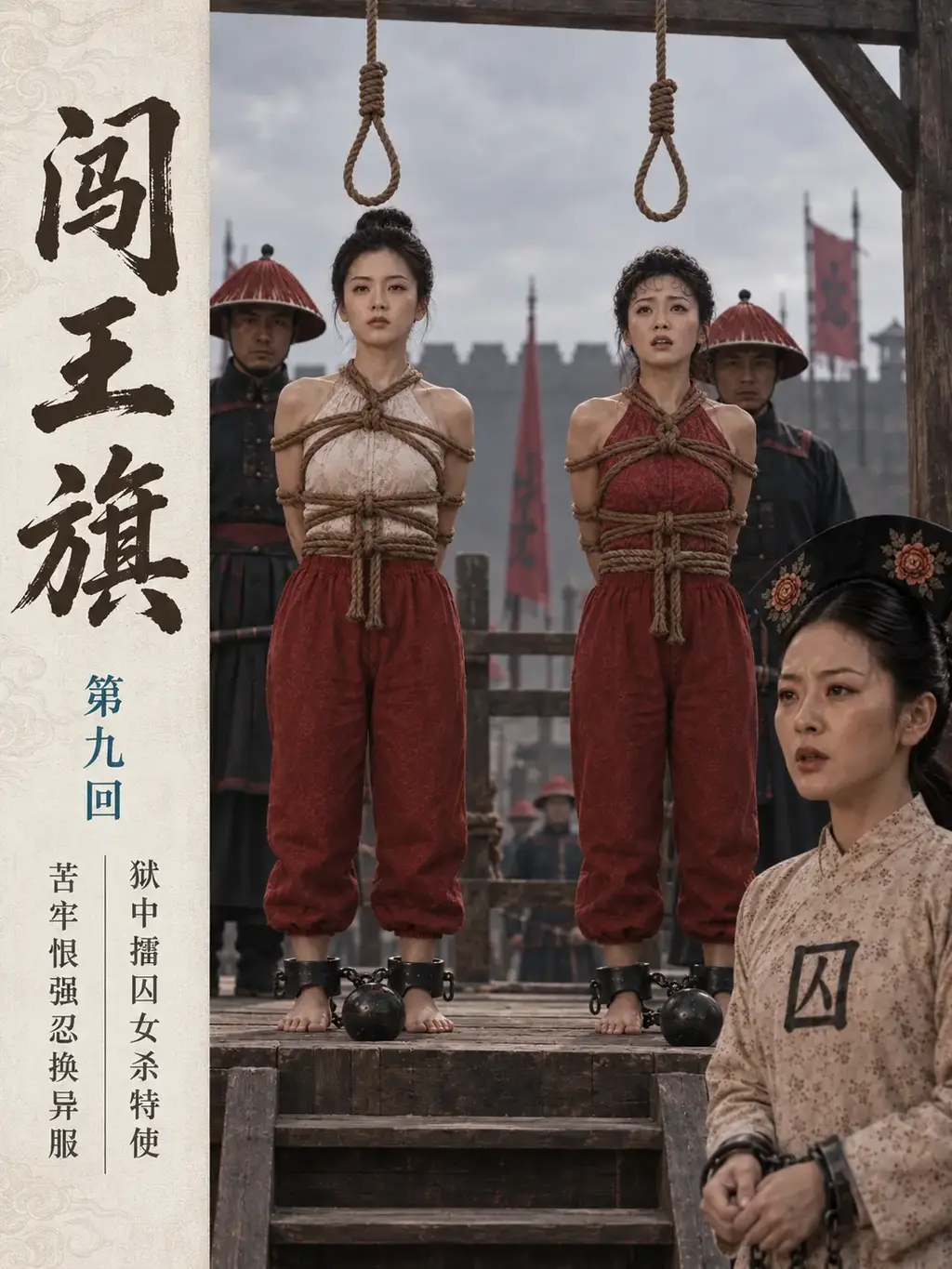 [连载]《闯王旗》第九回（古装红罪衣女犯题材）【AI画册，电影级质感】 - 苏梦晗身陷苦牢，饱受酷刑仍不屈服；与嫣儿牢城比武之际，她怒杀皇城特使，却也与嫣儿双双陷入死局，最终走上绞刑台。
姐妹殒命之后，高玉贞为厚葬苏梦晗、保存众人性命，只得忍辱换上清廷新制囚服。
正文从第4幅图开始，第九回都是女犯戏份，有很多有趣的情节。我们会毫不吝啬的制作女犯剧情，第九回正文有158幅图像。
这一回加入了水牢，绞刑刑场，女犯比武，女犯换装等元素。
AI真人影像创作不易，每一页均为精心制作，调整人脸前后一致，均花费不少功夫，只为尽可能呈现一部能够值得收藏的精品。
请感兴趣的朋友多多支持与交流，哪怕只有一个读者，哪怕是面临剧透，我们照样会更新到最后！