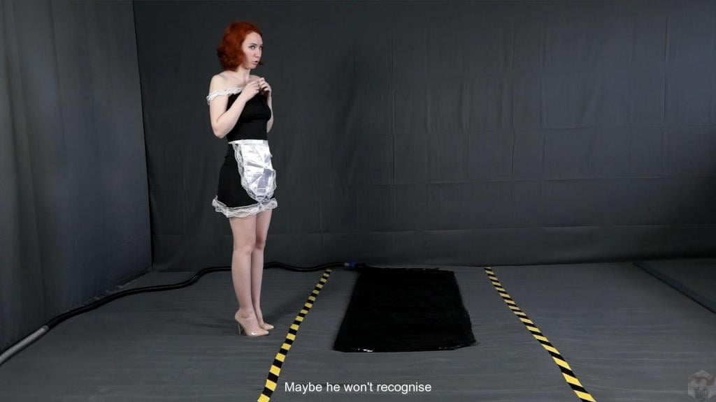 A curious maid and a new inflatable device create a trap from which it is impossible to escape A curious maid entered the testing lab and saw a strange device in the testing area. She decided to climb into it while no one was looking, but just then a pump turned on and pumped air. The new device inflated, and the girl found herself trapped, and she wouldn't be able to escape anytime soon. A robot also inserted a ball gag into her mouth, as testing required silence.