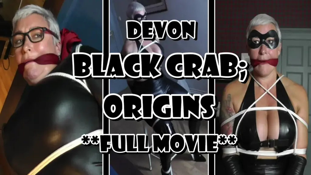 Devon: Black Crab Origins The tough and tencious superheroine known as "The Black Crab" has had many faces but all have worn the fabled black mask with pride, having stood up against villainy, evil-doers and numerous hardened criminals over the years... admittedly with varying degrees of success.<br><br>But the original, and some say best, was the short-haired Devon, a busty and mature crimefighter who got herself captured by the bad guys on countless occasions but never backed down from her ceaseless quest to uphold justice in Falcon Haven City!<br><br>In one such mission, the pernacious pixie haired heroine went after the diabolical criminals responsible for the theft of the priceless artefact the Golden Egg Whisk, stoien from the city museum the night before.<br><br>So, the busty beauty, headed to the museum during its closing hours, wearing her figure-hugging black leather-like dress and heels, hoping to uncover some evidence to point her in the direction of the mischievous miscreants, only to run into a security guard who just so happened to be in on the crooked caper!<br><br>Having discovered that it was an inside job, poor Devon is immediately apprehended by the guard and left to struggle whilst mounted on a billiard table!<br><br>Writhing and squirming, the bespectacled beauty cannot make any headway on the tight bonds that squeeze into her. Nor can she cry out for help as she finds herself tightly cleave gagged too.<br><br>But Devon is made of stern stuff and even having been hogtied later on, still manages to escape this evil trap and later changes into her crimefighting Black Crab costume of a black leather halter top, black leather pants and thigh high black leather boots, ready to face the vile villains called back to the scene of the crime by the treacherous security guard.<br><br>However, the masked avenger crucially underestimates the strength of the criminal gang responsible for the theft and is hopelessly outnumbered 10 to 1!!!<br><br>The vile fiends easily capture The Black Crab and leave her bound securely to a stool. Trying her bonds, the leather-clad lovely quickly finds that the ropes that bind her are very tight indeed and whatever she does, she cannot seem to break loose from their grip. Even though her arms are restrained in front of her, the metal cuffs around her wrists frustrate the helpless heroine as she cannot break free from the tight bondage that keeps her seated on the stool.<br><br>With a tight cloth cleave gag silencing her angry cries of protest, the defeated do-gooder cannot do anything to stop the beastly thugs when they later return and re-tie her arms tightly behind her back plus secure her legs further by cinching down on more ropes around her thighs.<br><br>Feeling the tight cords squeeze into her beautiful body, the Black Crab struggles and squirms bravely but it is no use - she simply cannot budge any of the insanely tight bonds that hold her.<br><br>Her huge breasts push against the tight, leather fabric of her uniform as if the shapely orbs are about to burst free from their confines but the small buckle below them keeps her massive mammaries from escaping - just as the tight ropes keep our plucky heroine from escaping as well.<br><br>Leaving her alone for the night, it will be many hours before the captured crimefighter is discovered when the museum re-opens but then she will have to face some tricky questions from the authorities. But it won't be the first time the heroine is humiliated and it certainly won't be the last!<br><br>But one thing is for certain, the Black Crab will not let this small setback deter her from her neverending quest for justice and nor will it for any of her successors... and its just as well, as they too will get captured an awful lot!!!