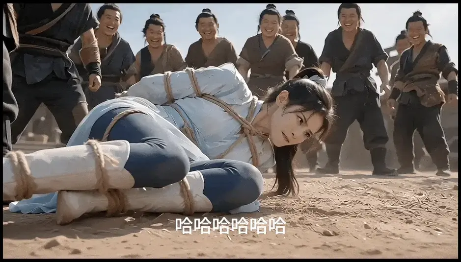 【Jim+AI】《珊·胡·劫》第二话 女侠女匪双被俘！格斗擒拿、绳捆索绑、爬行挟持、屈辱押送 书接上回，女侠胡树清历经屈辱终于从官府搬来救兵，直捣萧家大寨！面对山径上的岔路，胡女侠做出了一个事后令自己无比后悔的选择。单独行动的女侠陷入了山匪营房的层层包围，而另一边江枫率领的官军也擒获了还在大寨地牢里把玩珊珊脚丫的萧妍，威风凛凛的女侠女匪双双化为阶下囚……本段是我最喜欢的强绑猛女桥段，运用了更新的AI模型和语音技术，人物形象和语音一致性有明显改善！尤其喜欢的两个片段是被直臂驷马捆成粽子的女侠被大壮挟在腋下、沉闷的呜咽声回荡在地道中，还有被五花大绑、系上铁链的女匪首跪在地上被获救的珊珊小姐啐一脸唾沫，欣赏多次还是会鸡冻！再下集就是拳拳到肉（非常难做orz）的刑讯大戏了，保证尺度和创意都够，点点关注不迷路！<br>PS：很高兴看到最近各类AI作品多起来了，我还是坚持一贯的观点：AI制作和真人拍摄是互补的，大家应对新技术持开放心态。这样的古装武打剧情想必是不少人的启蒙，用AI制作的氛围感和性价比似乎更高，希望同好朋友们能够支持啦！
