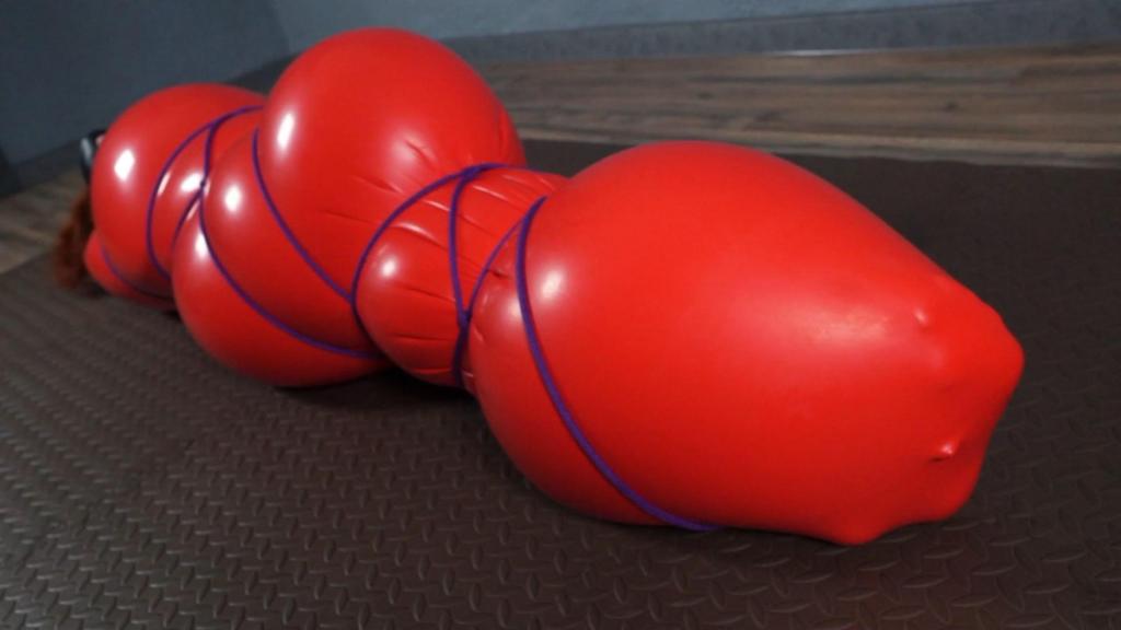 Inflatable red bondage and rope bondage with gag You've seen the red inflatable bondage before. Now we decided to tie it with rope. Sonja was interested to try it with the gag and mask to feel the sensations better.