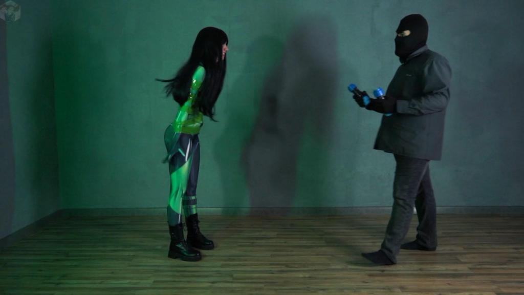 Shego and fuel cell bondage with duct tape in a vacuum bed Shigo snuck up on Mr. Bob to steal the fuel cells, but he stopped her. She used her powers, but it was pointless.