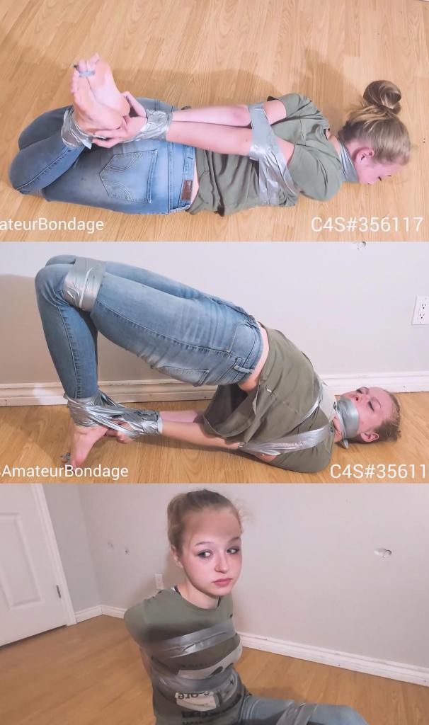 Mouth stuffed and hogtapped Kim 的嘴里被塞满了一块方巾，随后被胶带紧紧封住。<br><br>镜头切换，Kim 此时已被完全捆绑成“猪蹄扣”姿势（hogtied）：<br><br>她的手腕与手肘并拢，脚踝、膝盖、脚趾及脚踝均被胶带固定在双脚上。<br><br>她有 12 分钟的时间设法挣脱束缚。Kim get her mouth stuffed full with a bandana before it gets taped in her mouth tightly.<br><br>It cuts to Kim fully hogtapped<br><br>Wrists, elbows touching, ankles, knees toes and ankles taped to feet<br><br>She has 12 minutes to free herself
