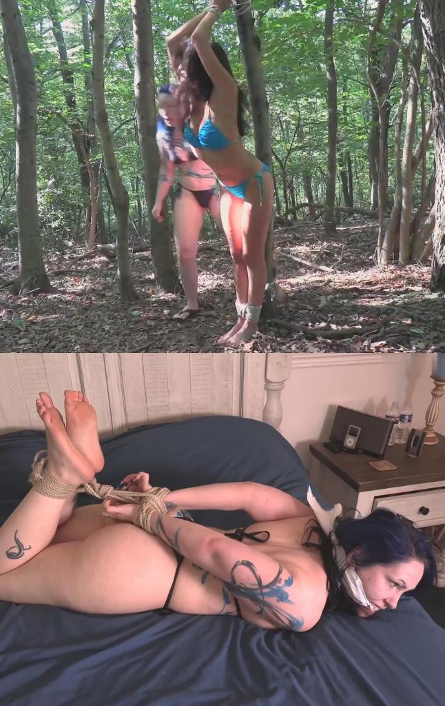 The Bikini Seller - Jasmine St James &amp; Vonka Romanov 冯卡（Vonka）挨家挨户推销泳装。她来到一户人家，屋主（贾斯敏/Jasmine）正穿着比基尼试穿，为即将到来的假期做准备。当冯卡开始询问对方对泳装的偏好时，贾斯敏却要求冯卡试穿一件她带来的比基尼样品。冯卡对这一要求感到有些意外，但为了争取到新客户，还是照做了。然而，就在冯卡穿好比基尼、准备继续进行问卷调查时，贾斯敏突然用手捂住她的嘴，并声称要好好“玩弄”她一番。冯卡发现自己被捆绑成“猪蹄扣”姿势（手脚被捆在一起）扔在贾斯敏的床上，而贾斯敏则解释说这正是她的特殊癖好。在离开房间前，贾斯敏堵住了冯卡的嘴，打算稍后再回来继续“玩乐”。不过，趁着对方不在，冯卡设法逃脱了。她奔向自己的车，甚至顾不上重新穿好衣服，但被贾斯敏拦住，两人随即发生扭打。最终冯卡获胜，并将贾斯敏带到树林里，把她绑在一棵树上——当然，也没忘了堵住她的嘴。随后，冯卡取回物品驾车离去，留下只穿着比基尼、被捆绑在树林里的贾斯敏。Vonka goes door to door selling swimwear. She arrives at a house where the occupant (Jasmine) is already wearing a bikini, trying it out ready for an upcoming vacation. When Vonka starts asking her questions about her swimwear preferences, Jasmine asks her to try on one of her bikini samples. Vonka is a little surprised by this request but goes along with it in the hope of landing a new customer. However, once she is in the bikini and about to resume her questionnaire, Jasmine hand gags her and says she is going to have so much fun with her. Vonka finds herself being hogtied on Jasmine's bed, while Jasmine herself explains that this is just her thing. She gags Vonka before leaving the room, planning to return in a while to have some more fun. However, in her captor's absence, Vonka manages to escape. She runs to her car, not even bothering to get dressed again, but Jasmine intercepts her and a fight ensues. Vonka is the victor and takes Jasmine to the woods where she ties her to a tree, and gagging her of course. Vonka then departs to retrieve her belongings and drive away, leaving Jasmine bound in the woods wearing nothing but her bikini.