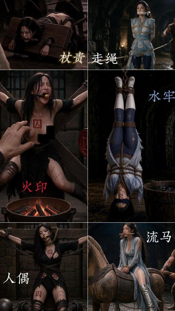 【Jim-AI】《珊·胡·劫03-女侠女匪的酷刑炼狱！》（倒吊水刑+杖责暴衣+藤蔓走绳+移动木马+固定鞭笞+耻辱火印） 分别关入地牢的女侠胡树清和女匪萧妍身上自然要大刑伺候，江湖中人伤其筋骨难磨其志——女侠倒吊水刑 藤蔓走绳 移动木马，女匪廷杖暴衣 十字架固定鞭笞 耻辱火印，ai就是要用来画真人不好拍的东西ORZ动作难度和尺度最大的第三集终于赶在小长假之前搓出来了，请仔细查看动图。我的模型可能不是最先进的，我的品味可能不是最情趣的，但请相信我的人物和剧情设计～～