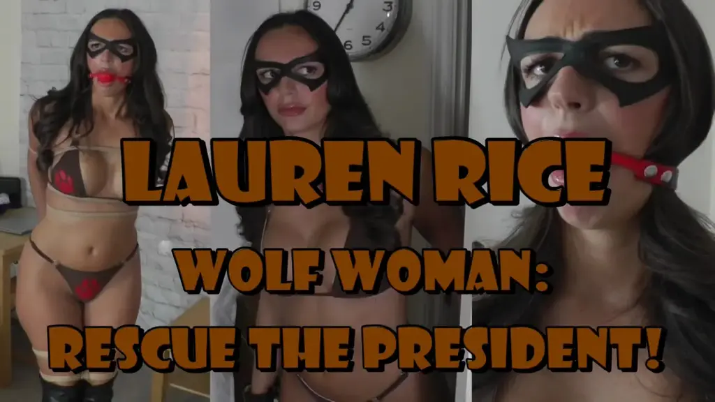 Lauren Rice：Wolf Woman，营救总统！ 这位拉美尤物追踪一伙绑走心爱总统的疯狂匪徒，必须在为时已晚前找到国家光荣领袖……<br><br>循线索来到破旧公寓，比基尼装的 Wolf Woman 困惑地发现屋中央椅子上留着捆绑用具——含球口塞与手铐。困惑之余也被勾起兴趣：这位勇敢女英雄暗藏被捆的秘密欲望……<br><br>她试戴手铐把玩发笑，注意力分散时没注意一名阴沉的外国佬走进房间！对方大声咳嗽对峙。她立刻追问总统下落；匪徒邪恶地笑，自信得让她不安——他声称此刻囚犯远在另一栋楼，绑在装置上，她若不听话就会触发！！！<br><br>她疑心虚张声势，却不敢冒险。在胁迫下，她最终把球口塞塞进丰唇并在脑后扣紧，又按指示把手铐反铐在身后。不久她仍感金属铐锁在背后、大口塞封嘴，只能挣扎、蹦跳找出口，最终坐回椅上继续挣扎。<br><br>这场捆绑陷阱，Wolf Woman 一时半会儿逃不出去……