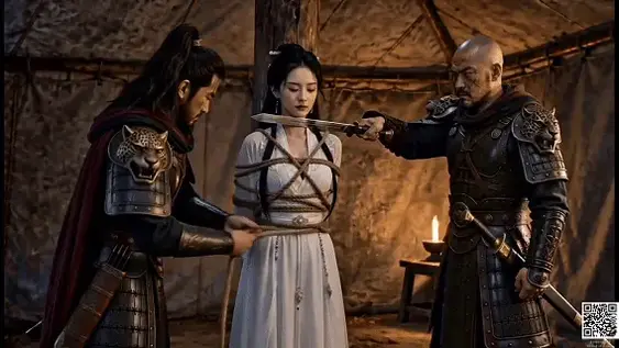 AI 作品 《济世仙子》第14集 血色许都1正片——被俘的萧仙子被当作绝色人妻押往许都送给人妻控曹操，一路上遭遇了囚车十字刑架捆绑，士兵侵犯，为了能与碧瑶联系，箫仙子竟主动要求曹休将她驷马攒蹄吊绑起来 本剧是林妙雪工作室原创，根据本工作室同名原创长篇小说《济世仙子》改编而来。<br>小说链接：https://www.smlsy.com/fiction_detail.php?id=18211<br>作为许都篇第一集，本集捆绑戏极多，非常值得观看和收藏。<br>剧情接上集，萧仙子为掩护众人，孤身一人阻挡虎豹骑大军，最后力尽被俘。曹军将领为了弥补损失将功赎罪，要将这位【绝色人妻】派人押送至许都送给著名的人妻控曹老板。华佗感恩萧云衣舍己救人，独自一人来到曹营照顾萧云衣，并将萧云衣收为义女。萧云衣伤势稍好，便被绑上囚车押送上路，扎营时负责看管萧云衣的士兵还企图侵犯萧云衣，幸得校尉曹休及时阻止。萧云衣看到了自己被收缴的青鸾剑正挂在曹休腰上，要求将剑放在营帐中，为了打消曹休的疑虑，自愿让曹休将自己驷马攒蹄吊在营帐里。把小处男曹休刺激得鼻血直流。与碧瑶见面后，才知道自己在汝南获得了大量功德，然后领悟了灵犀技能，可以听到周围其他人的心声，靠这个能力，她成功获得了曹休的认同，收下他为徒，并获得了坐马车的优待，免去了绑在囚车上的折磨。随着临近许都，曹休也越来越焦虑，担心自己伯父曹操要对自己这个位绝色师父下手（这是必然的）……而箫仙子，也做好了面对这个人妻控的准备，因为自己接的新任务，是要阻止曹操在衣带诏事件中滥杀无辜。