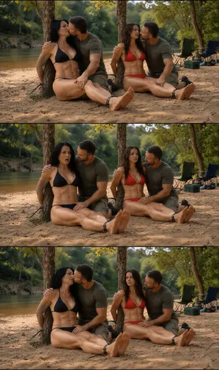 Step-Mother & Step-daughter day gone wrong part 2 From: CamuCaptures<br><br>Hours had dragged by under the baking sun. Ella and Adele sat slumped against the trees, wrists still locked tightly behind the trunks, ankles bound together in front of them. Sweat had soaked their tiny bikinis until the fabric clung like a second skin. Their shoulders ached, their legs trembled with exhaustion. Sitting side by side yet completely unable to help each other was pure torment. They could only watch the other’s helplessness — the way Ella’s full breasts rose and fell inside the black triangles, the way Adele’s red bottoms had ridden deep between her cheeks, the way both pairs of tied legs glistened with sand and sweat.<br><br>Then the moment they had feared finally came.<br><br>The two fishermen reeled in their lines, set the rods aside, and walked over. Without a word they dropped into the sand right beside the bound women. One settled against Ella, the other against Adele, strong arms sliding around their shoulders as if they owned them.<br>Rough, warm hands immediately began to explore.<br><br>The man beside Ella let his palm glide slowly over her oil-slick stomach, tracing the hard lines of her abs before cupping one heavy breast through the wet black fabric. He squeezed firmly, thumb circling the stiff nipple that pushed against the thin material. His mouth found the side of her neck, then the top of her cleavage, kissing and licking the salty skin while his other hand stroked possessively along her inner thigh, fingers pressing against the damp crotch of her bikini bottoms.<br><br>Ella twisted against the tree, voice low and strained.<br>“Stop… please, don’t touch me like that—”<br><br>He only kissed higher, lips brushing the edge of her bikini top, hand never leaving her breast.<br>Beside them the second man had Adele. His hand rested low on her bare stomach, fingers spreading wide across the tight red fabric of her bottoms. He stroked slowly, deliberately, feeling the heat between her tied thighs. His mouth moved along her shoulder and collarbone, then down to the soft swell of her breasts, kissing the exposed skin above the tiny red triangles. One hand slid higher, cupping and kneading her breast through the wet material while the other stayed between her legs, rubbing slow circles over the soaked crotch of her bikini.<br><br>Adele’s breath hitched.<br>“Get your hands off me… Help!”<br><br>Ella could only watch, heart pounding, as the other man’s thick fingers pressed and stroked between her stepdaughter’s bound legs, the red fabric darkening further under his touch. She saw every slow squeeze of Adele’s breast, every wet kiss left on her neck and chest. The sight cut deeper than the hands on her own body. She strained uselessly against the zip ties, wrists burning, ankles locked so tightly she couldn’t even close her thighs.<br><br>Both women begged, voices raw from the heat and fear.<br>“Please… let us go…”<br>“Someone help us!”<br>“Don’t touch her— stop touching her like that!”<br><br>The men never answered. They simply kept exploring — mouths hot and insistent, hands greedy but never removing a single piece of clothing. One palm slid under Ella’s ass, squeezing the firm cheek through the black bottoms while he sucked lightly at the skin just above her bikini line. The other man pushed Adele’s tied legs a fraction wider and rubbed more firmly over her clit through the thin red fabric, feeling her body jerk helplessly against his hand.<br><br>Ella’s eyes stayed locked on Adele even as thick fingers pressed between her own soaked folds through the black material. She has to watch every stroke, every wet kiss, every possessive squeeze of her stepdaughter’s bound body. The helplessness was total: tied, exposed, and made to endure the slow, silent worship of their sweat-slick, bikini-clad bodies while the river kept flowing and no one came.<br><br>The men showed no hurry. They had all the time in the world to enjoy their real catch…