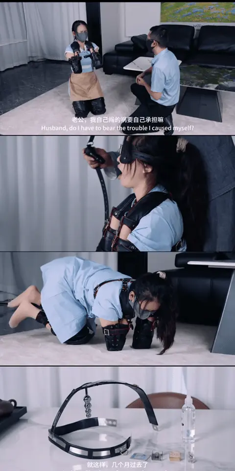 【PlotBound】（精品剧情）代替宠物的人妻护理（第四集）:明面上的陪伴，暗地里越来越过分的调教（G栓贞C带/啵啵贝/电击G塞/ G钩/深H口塞/大量口水/放置QG/等等，详情入内查看） 如果喜欢我的作品，可以点击上方头像位置的“关注我”，以便及时收到每一次的更新提醒。<br><br>时长：01:03:45<br>大小：2.46G<br>分辨率：1080P HD/RF19编码<br>字幕：中文语音 中英文双语字幕<br><br>本期关键词：精品剧情/N场TJ/啵啵贝/电击G塞/G塞贞C带/G钩/深H口塞/大量口水/放置QG/电击按钮训练/海量独白自述/等等<br><br>本期剧情简介：<br>        本集是一个大章节，涵盖的内容非常多，因为这一集里把时间线往前推进了几个月。这一集中涵盖了多次不同时间的不同调教。同时，本集以大量女主独白的形式，全程自述每一次训练和调教，以及她自身的心理变化。<br>        剧情接上集中维维的老公刘伟出去买菜，因为忘记带手机突然回来拿手机，却发现维维被雷先生固定成宠物的样子。随后维维给老公讲述了事情的经过，却隐瞒了关键的被调教的事实，只是说这种一种cosplay，只是cos成宠物的样子陪伴雷先生，以弥补自己造成的损失，并表示希望老公能支持自己自己解决这个事情。<br>        之后的几个月里，调教越来越深入，从每天在家里以宠物的姿势和动作拍视频发给雷先生看，到暗地里被要求每天早上去上班前要戴着G塞和束腰，再到周末去雷先生那里，每次都要被固定成宠物的样子，连晚上睡觉前跟老公视频也只能以这样的姿态视频，连晚上睡觉都要被固定成很难受的姿势。再到艰难的电击G塞 啵啵贝的爬行训练，再到啵啵贝 G钩放置训练。再到几个月后的一天，维维的老公要出差一个月，而这一天，雷先生居然给维维锁上一个带G栓的ZCD。<br><br>本期内容概要（这里只是罗列大概的行为，正片包含丰富的剧情和对话/独白）：<br>1.	被固定成宠物的样子正在被训练的维维被突然返回的老公发现，随后二人对话和解释；<br>2.	几个月后，穿着居家服的维维在家让老公帮她拍宠物蹲姿训练的视频；<br>3.	过了几天，穿着护士服的维维下班刚回到家，就喊老公来帮她拍爬行的视频；<br>4.	又过了几天，穿着内衣的维维早上上班前，先一个人在卫生间戴上G塞，穿上束腰并勒到最紧，随后穿上护士服，最后跟老公打招呼去上班；<br>5.	又过了几天，在雷先生家，刚结束一天训练的维维，被固定成宠物的样子跟老公视频；<br>6.	视频结束后，维维被戴上眼罩和深H口塞，鼻子也被鼻钩钩住，被要求晚上就保持这样的姿势睡觉。维维难以入睡，嘴巴被口塞刺激的不断的流着口水，在地上汇聚了一大滩；<br>7.	又过了几天，维维被戴上电击G塞和啵啵贝，进行爬行训练。两个电子按钮被雷先生放在客厅的两端，这两个按钮每个30秒都会亮起一起，如果不在3秒内按下按钮的话，身体里的电击G塞就会发出电击，直到按下按钮电击才会停止。可是被拘束成这个样子根本没法快速移动，而且那个震动的东西也不断的刺激着维维的身体，根本爬不动。就只能一边努力的去移动着，一边承受着电击；<br>8.	又过了几天，维维被四肢折叠绑起来放在桌子上，一个金属钩子钩在她身体里，连接金属钩子的麻绳和口球的固定皮带绑在一起，吊在上方的吊环上，这让维维必须保持抬头的姿势一动都不敢动。可胸口和大腿根部又被贴着电击贴片不时的发出强度不等的电击，下面还戴着一个啵啵贝。这些东西不断的刺激着维维的身体，各种痛苦和一些其它的说不清的感觉不断的来袭，让维维开始甚至有点分不清自己到底是个人还是个玩具。<br>9.	雷先生给维维锁上一个带G栓的ZCD，G栓的一头固定在ZCD上，另一头深深的塞在维维的后面，只要维维稍微有点动作，塞子就会在里面搅动。随后雷先生让维维在这种状态下进行爬行，最后还故意在外面用手拨动塞子的末端。<br><br>下集更精彩，敬请期待<br><br>更多作品请在站内搜索PlotBound
